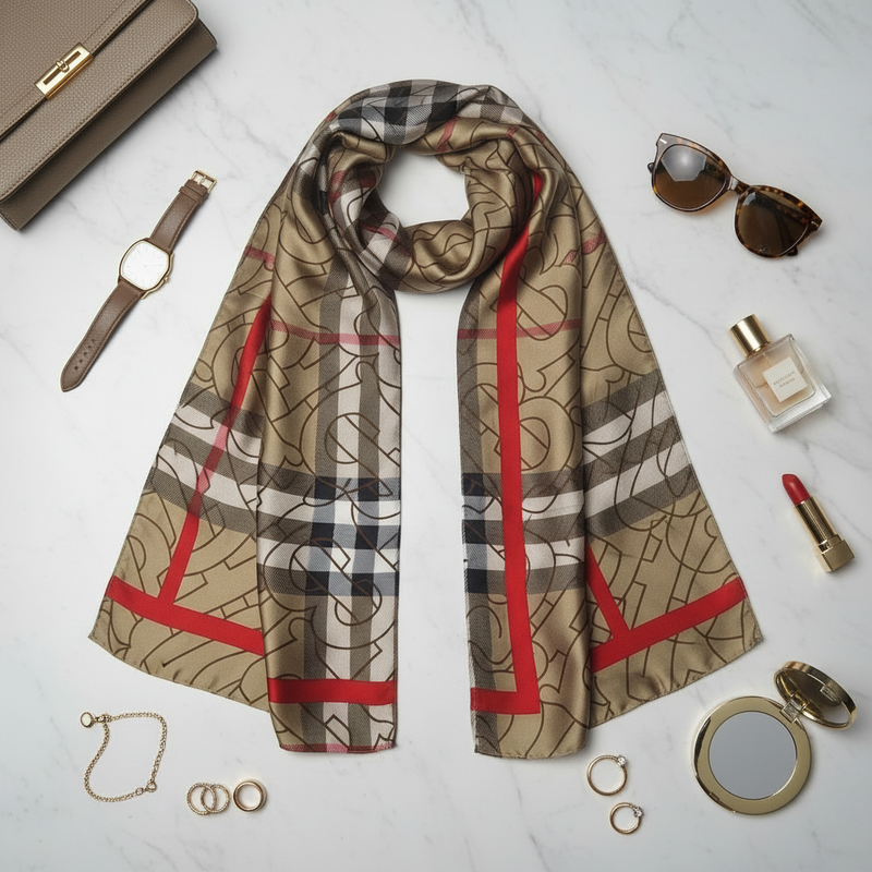 Camel Signature Lines - Silk Feel Satin Scarf